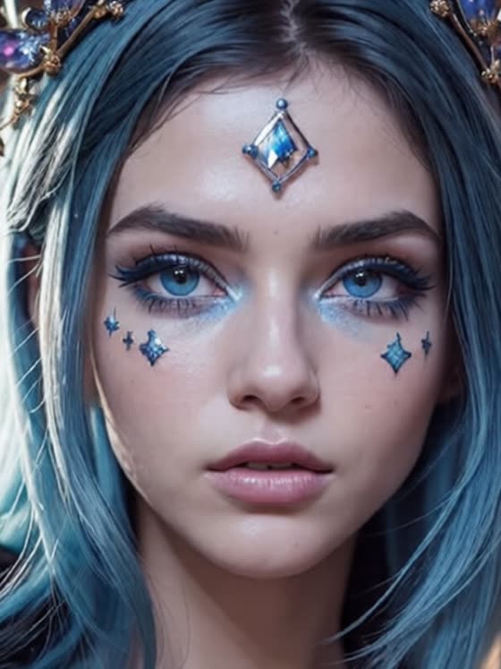 Mikki: long blue hair, a blue crystal set in her forehead, three small diamonds beneath each eye.